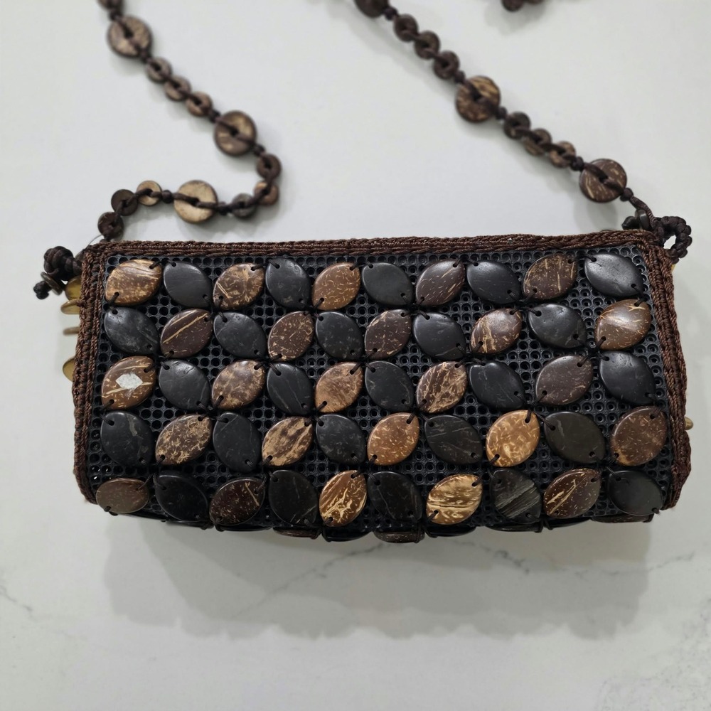 Coconut Shell Beaded Shoulder Bag Brown Boho Y2K Artisan Purse